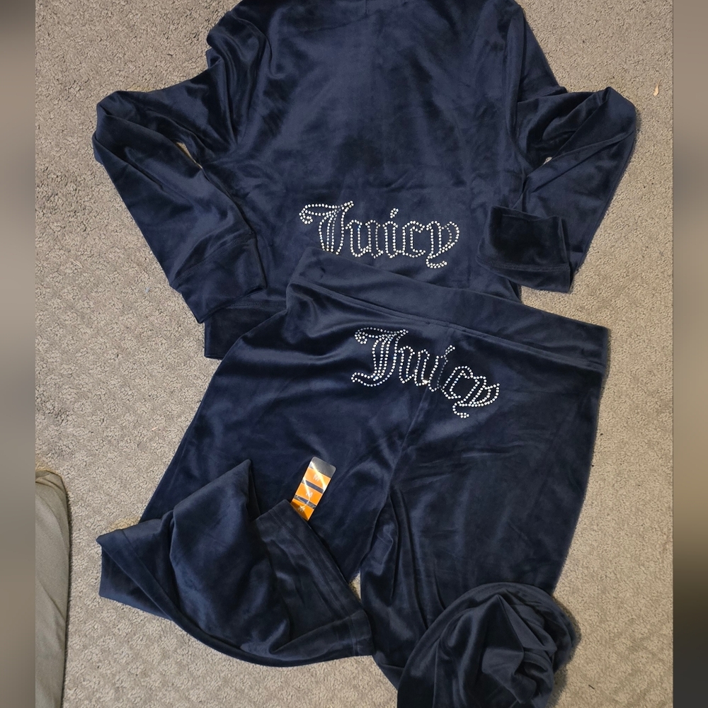 New Juicy Couture Blue Bling Logo Velour Tracksuit Medium  Pants And Zip Hoodie